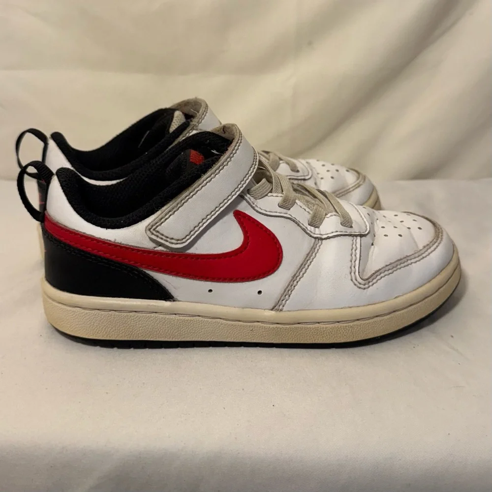 Size 13K - Nike Court Borough 2 Low White Black Red- Youth Sneakers- Hook & Loop
